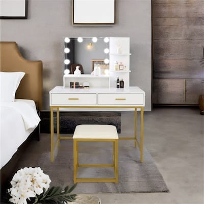 Vanity Set with 10 LED Bulbs and Cushioned Stool