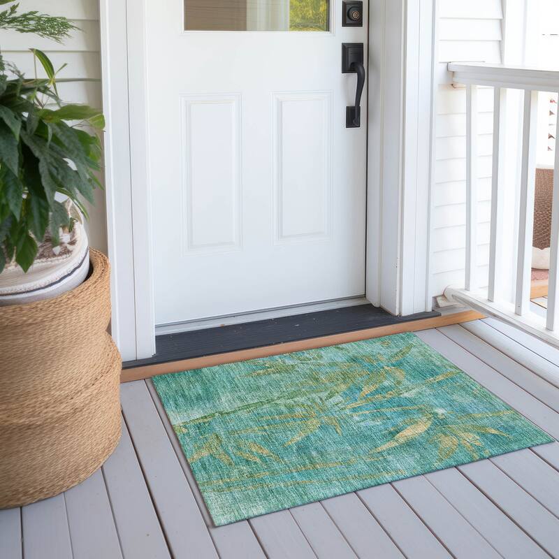 Machine Washable Indoor/ Outdoor Modern Floral Chantille Rug - Teal - 1'8" x 2'6"