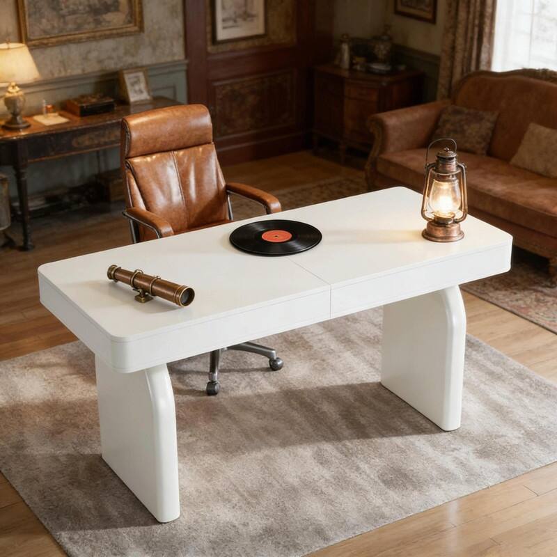 63" Modern White Office Desk with 2 Drawers and Sturdy U-Shaped Legs