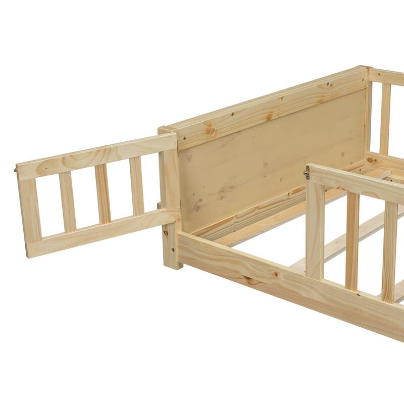 Twin size Floor Platform Bed with Built-in Book Storage Rack, Door