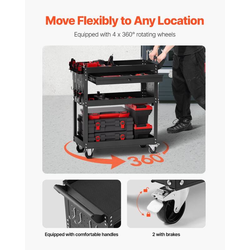 4-Tier Tool Cart on Wheels 350 lb Rolling Work Cart with Drawer & Pegboard