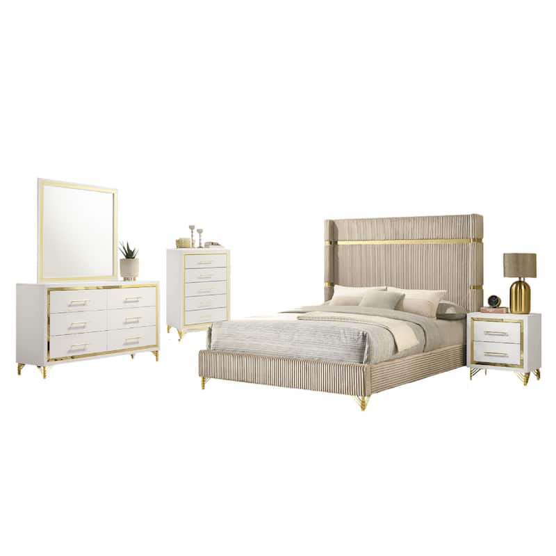 Jenny 5pc Queen Bedroom Set, Textured Beige Wood and Gold Metal Accent