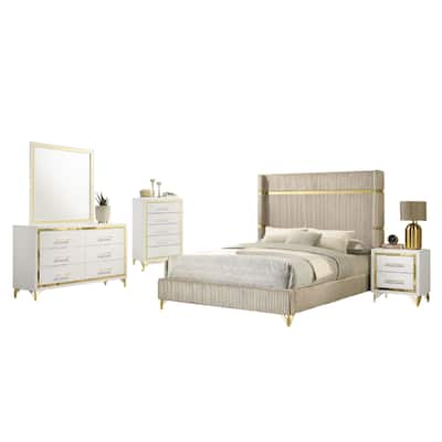 Jenny 5pc Queen Bedroom Set, Textured Beige Wood and Gold Metal Accent