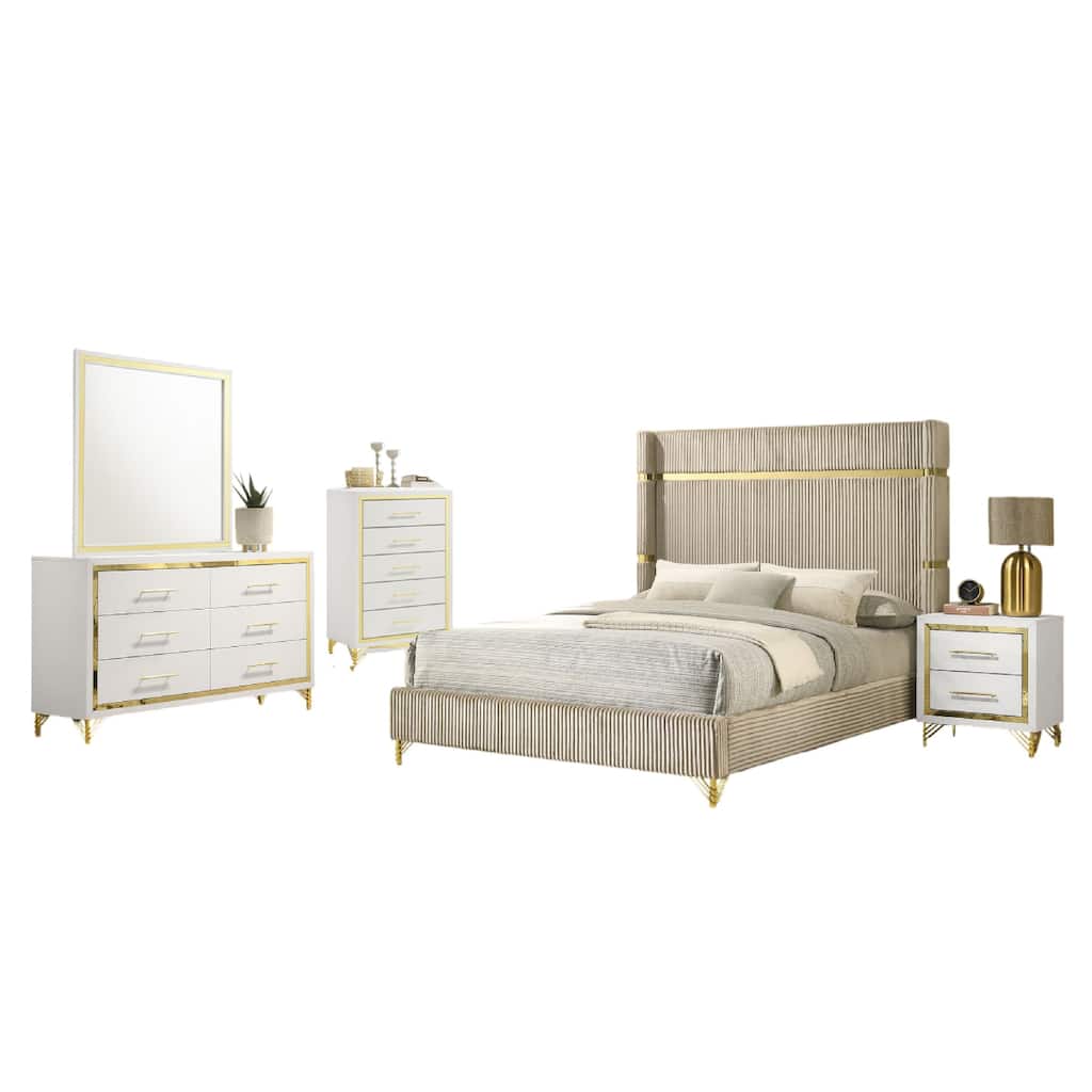 Jenny 5pc Queen Bedroom Set, Textured Beige Wood and Gold Metal Accent