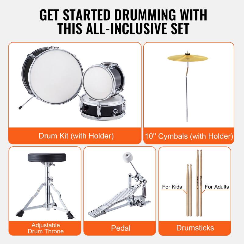 Kids Drum Set, 3-Piece, 14 in Beginner Drum Set with Adjustable Throne Cymbal Pedal Two Pairs of Drumsticks - 14 in