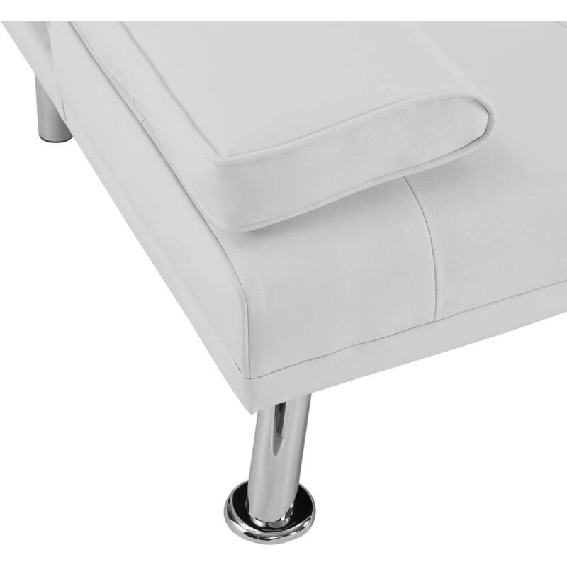 Futon Sofa Bed Couch with Armrest & Cupholders, Faux Leather Sofa Bed Couch Convertible Folding Reclining Small Couch