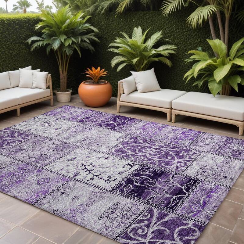 Mana Patchwork Weather Resistant Blended Style Outdoor Rug - 9' X 12' - Purple