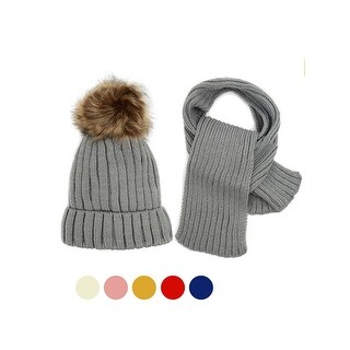 Shop Kids Winter Knitted Fur Pom Beanie Hat Scarf Set For Boys And
