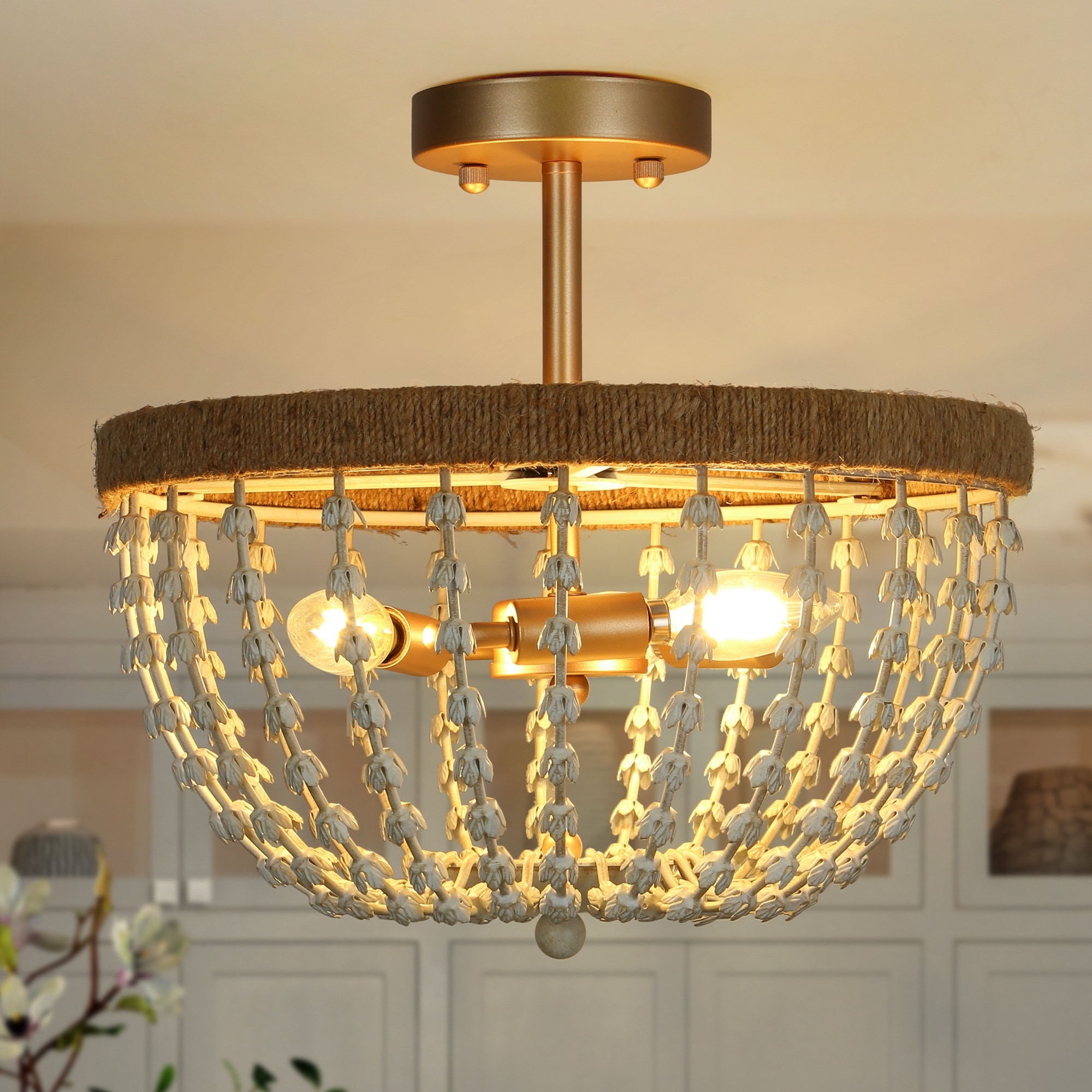LALUZ Farmhouse Beaded 3-Light Chandelier Gold Semi-flush Mount Boho Ceiling Light - Dia. 14.2" x H 18.5"