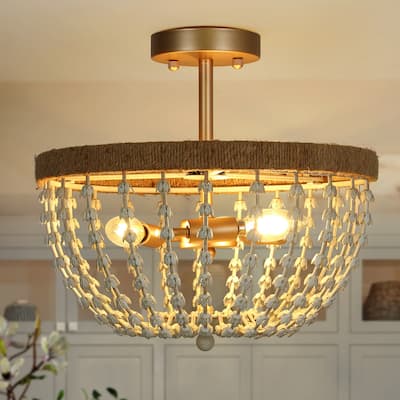 Farmhouse Boho Beaded 3-Light Chandelier Gold Semi-flush Mount Ceiling Light for Kitchen Island Living Room