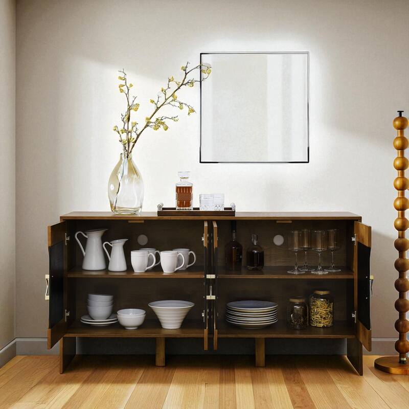 60" Mid Century Sideboard Buffet Cabinet with Geometric Pattern, Adjustable Shelves & Outlet Holes for Entryway
