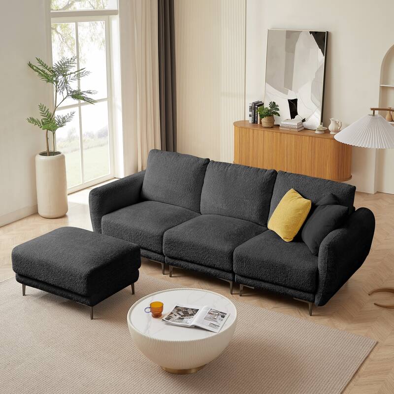 Convertible Sectional Sofa Couch, 3 Seat L-Shaped Sofa with Lamb Fabric, Movable Ottoman - Black