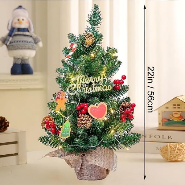 23.6" Tabletop Christmas Tree, Artificial Mini Xmas Pine Tree with LED String Lights Ornaments, Holiday Decoration - 18