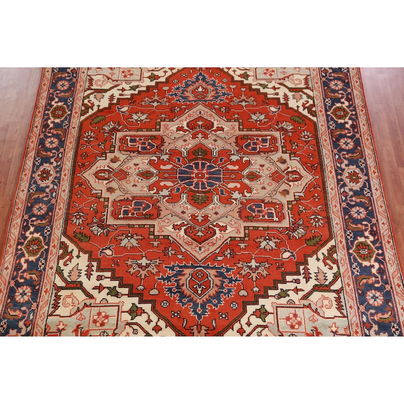 Hand Knotted Oriental 100% Wool Carpet Traditional Medallion Oranges & Rust Heriz (serapi) Area Rug - 11' 10'' X 9' 0''