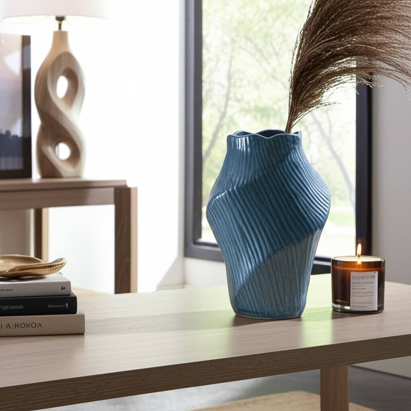 Ceramic Decorative Vase with Ribbed Texture Sculptural Hollow Design