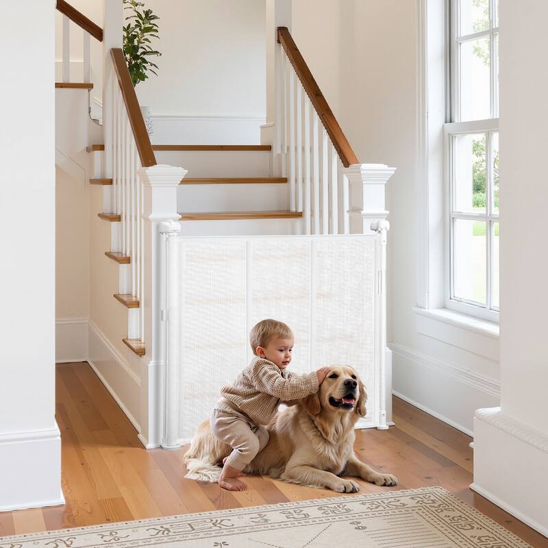 Retractable Baby Gate with Secure Mesh Design and One-Handed Operate Adjustable for Various Spaces