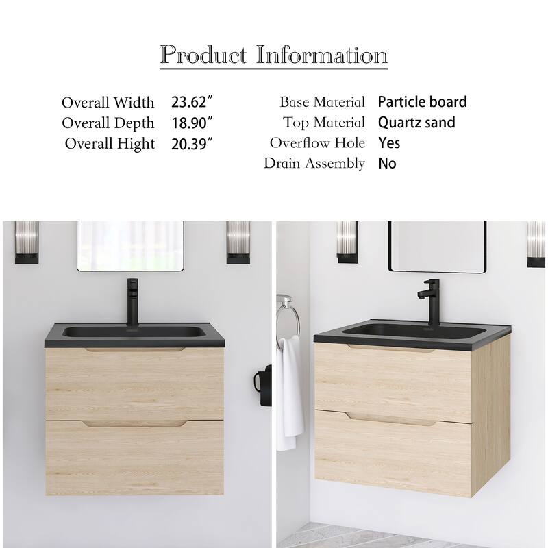 Floating Bathroom Vanity in Evita Oak with Integrated Quartz Sand Top