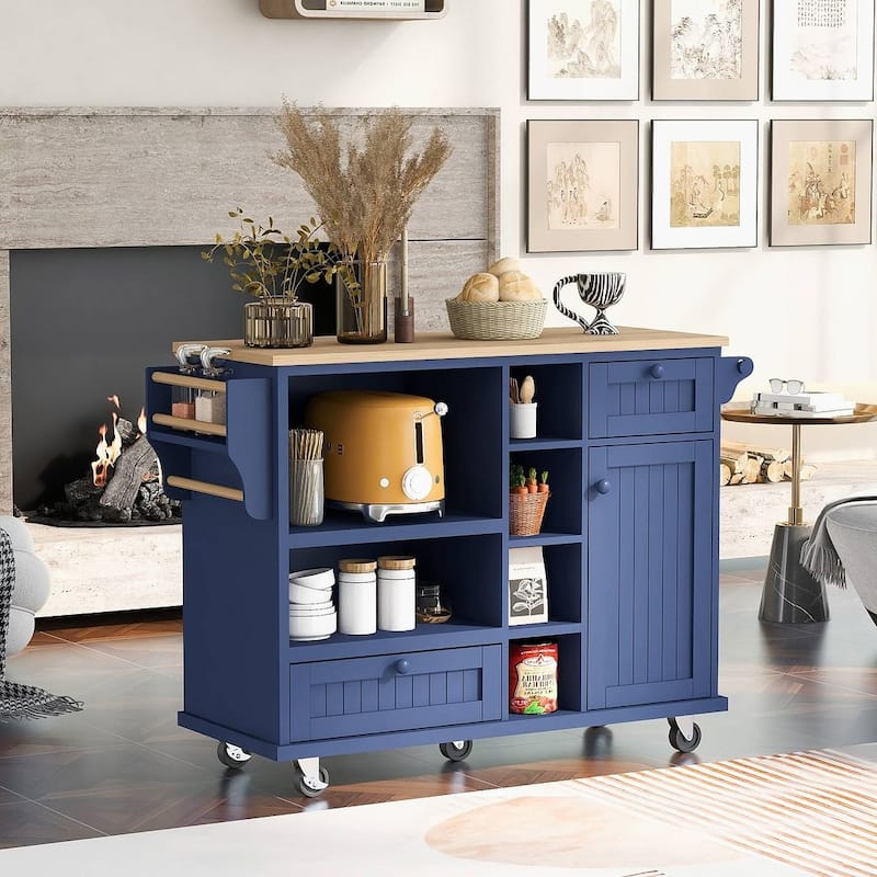 Kitchen Island Cart with Wheels,Storage Cabinet, Solid Wood Desktop