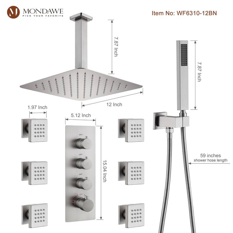 3 Functions Wall Mounted Thermostatic Shower System with Rough-in Valve