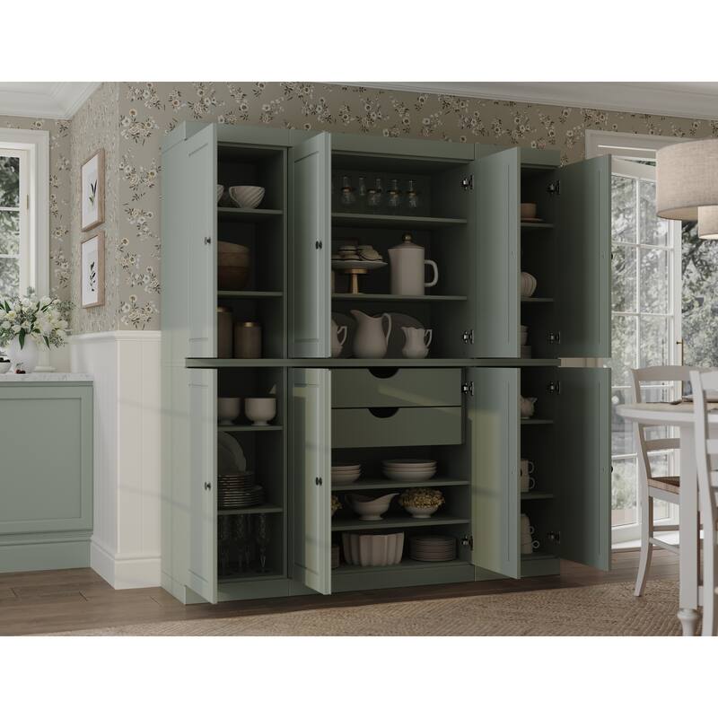 100% Solid Wood Kitchen China Pantry Buffet with Glass or Solid Wood Doors and 2-Drawer Kit by Palace Imports - 65" x 71.5" - Sage - Solid