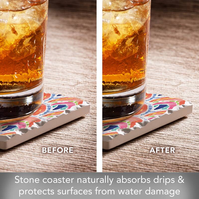 Boho Sea 4 Pack Absorbent Stone Coasters with Cork Backing 4" Square Made in The USA Absorbent Wipes Clean