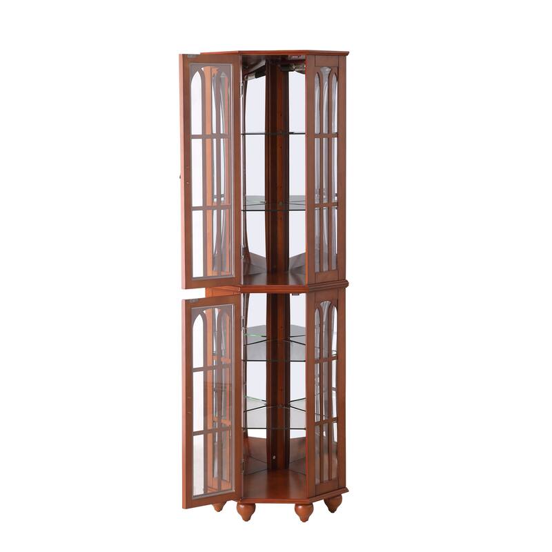Lighted Corner Curio Cabinet, Wooden Accent Storage Cabinet, Display Cabinet with Tempered Glass Shelves & Mirrored Back