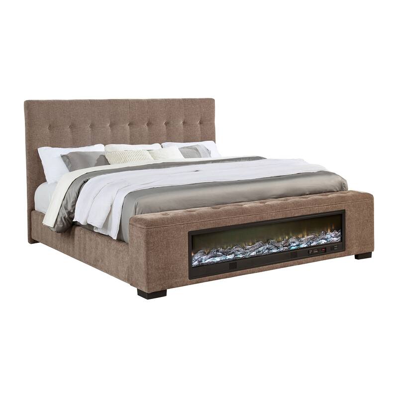 Upholstered Queen Audio Flame Visualizer Bed with Tufted Headboard in Brown - Brown - Queen