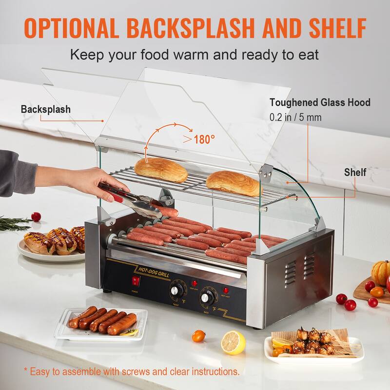 Hot Dog Roller Stainless Sausage Grill Cooker Machine with Dual Temp Control Glass Hood Acrylic Cover Bun Warmer