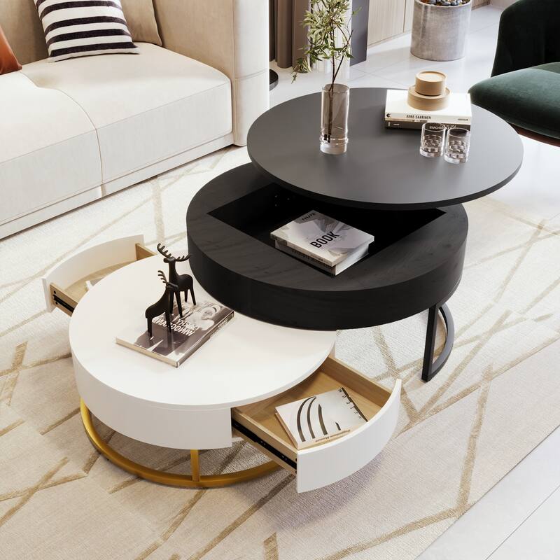 Lift-top Nesting Coffee Tables with 2 Drawers - White+Black