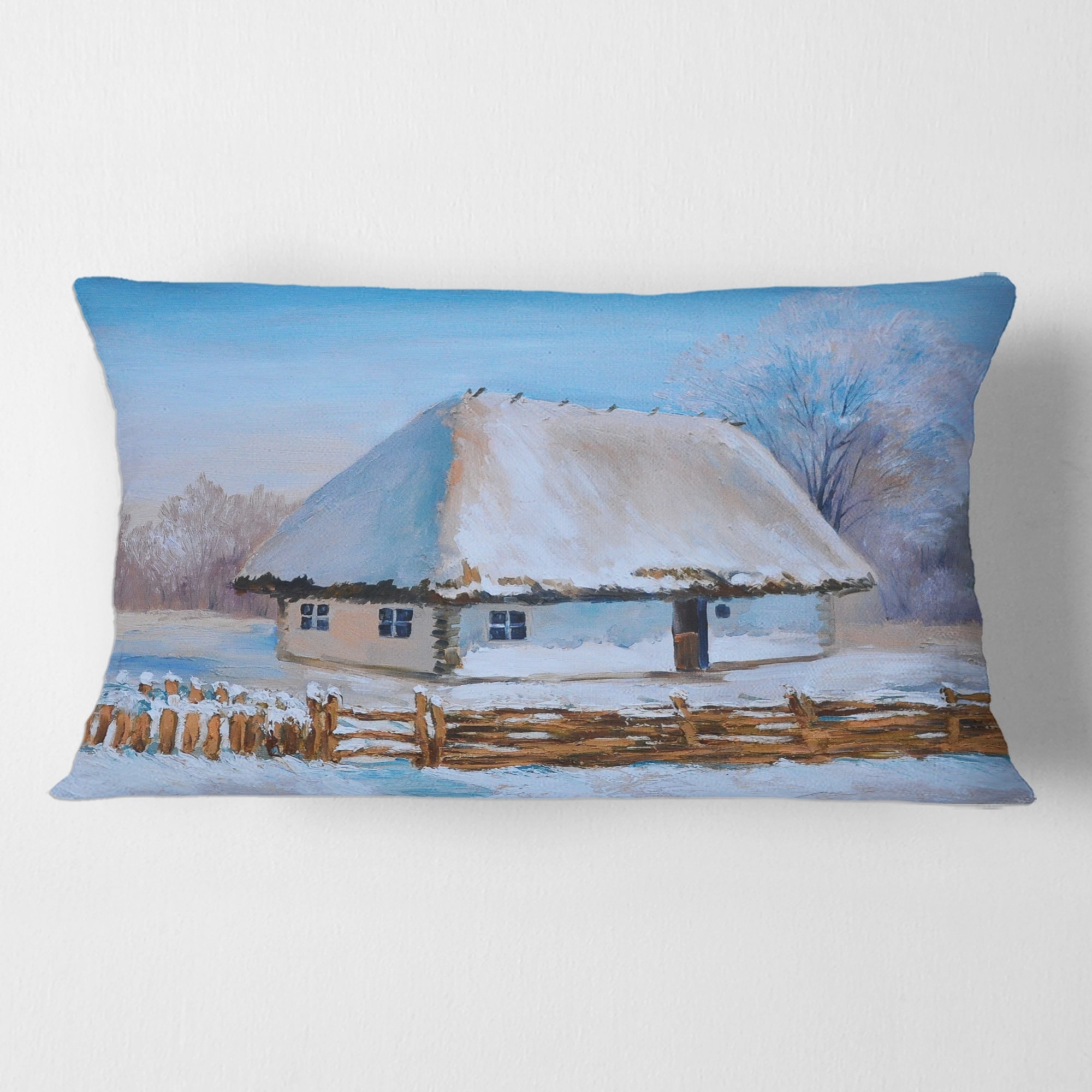 Designart 'Traditional Winter Cottage Covered With Snow I' Traditional Printed Throw Pillow