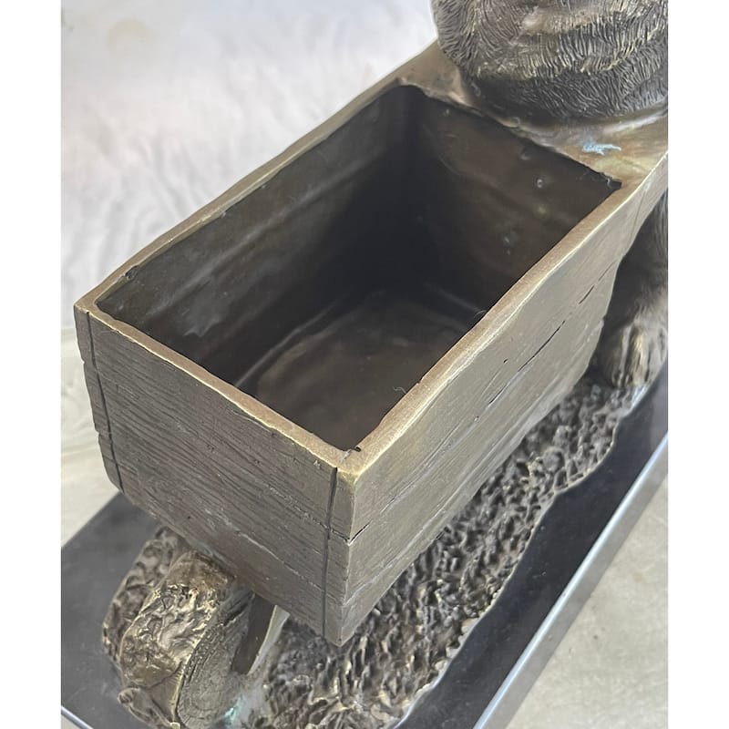 English Imitative BullImitative dog Pushing Wheelbarrow Bronze Planter Dish Sculpture Figure 12 Inches X 12 Inches