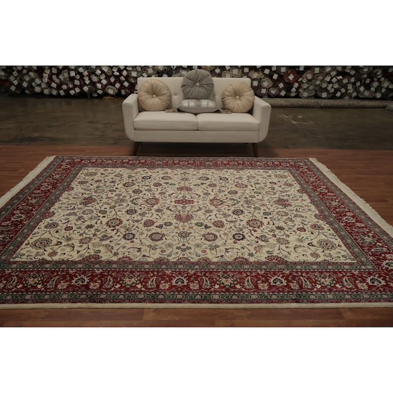 Hand Knotted Oriental 100% Wool Carpet Traditional All-Over Beige & Ivories Kashan Area Rug - 9' 10'' X 7' 11''