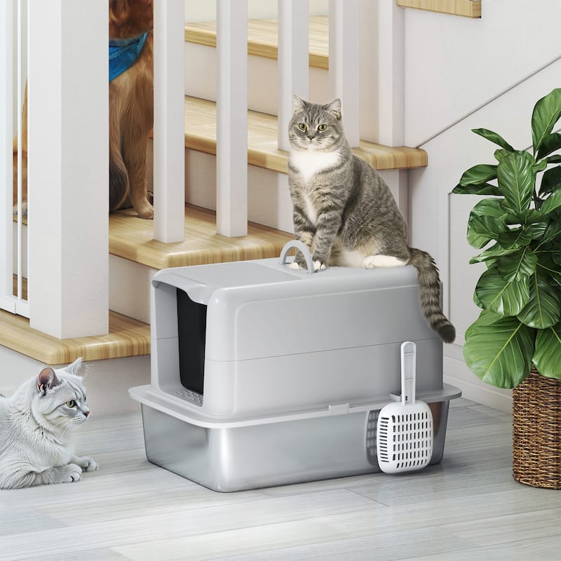 PawHut Stainless Steel Cat Litter Box, Extra Large 2 in 1 Kitty Litter Box with Removable Lid & Scoop, Filter Bags, White