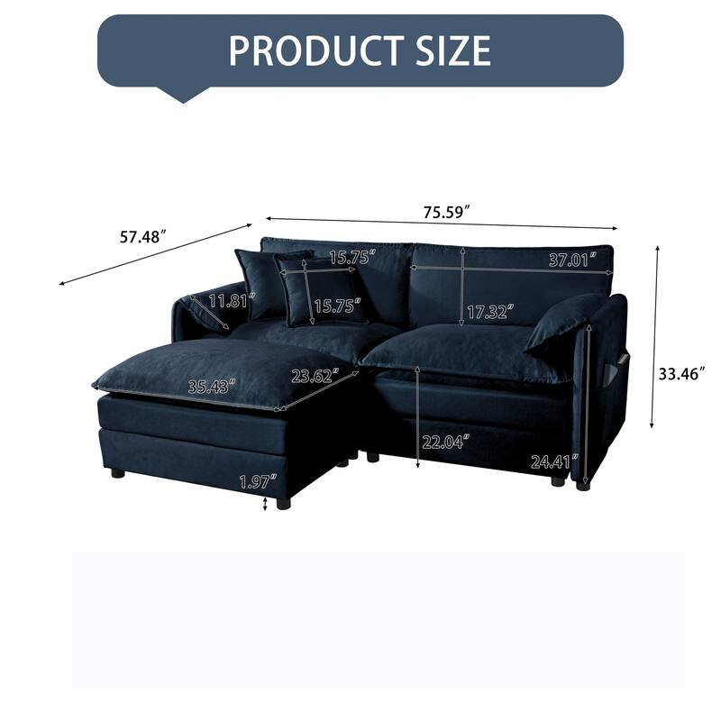 Deep Seat Chenille Sectional Sofa Cloud Couch with Ottoman