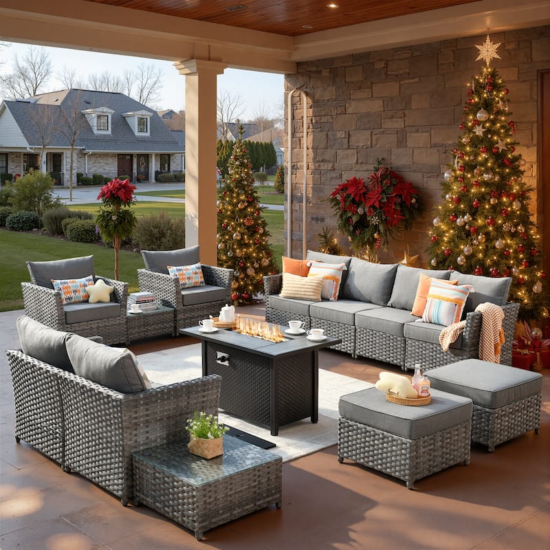 XIZZI 13-piece Outdoor Patio Wicker Furniture Set with Fire Table - Dark Grey