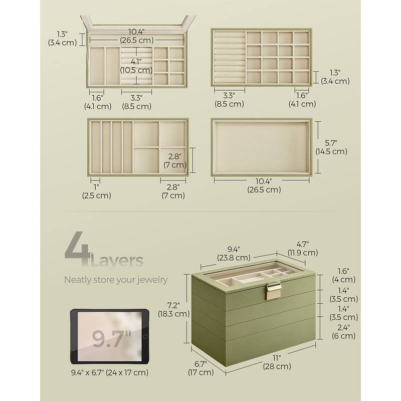 Multi-Layer Jewelry Storage Box with Stackable Trays and Soft Velvet Interior Protection and Glass Lid