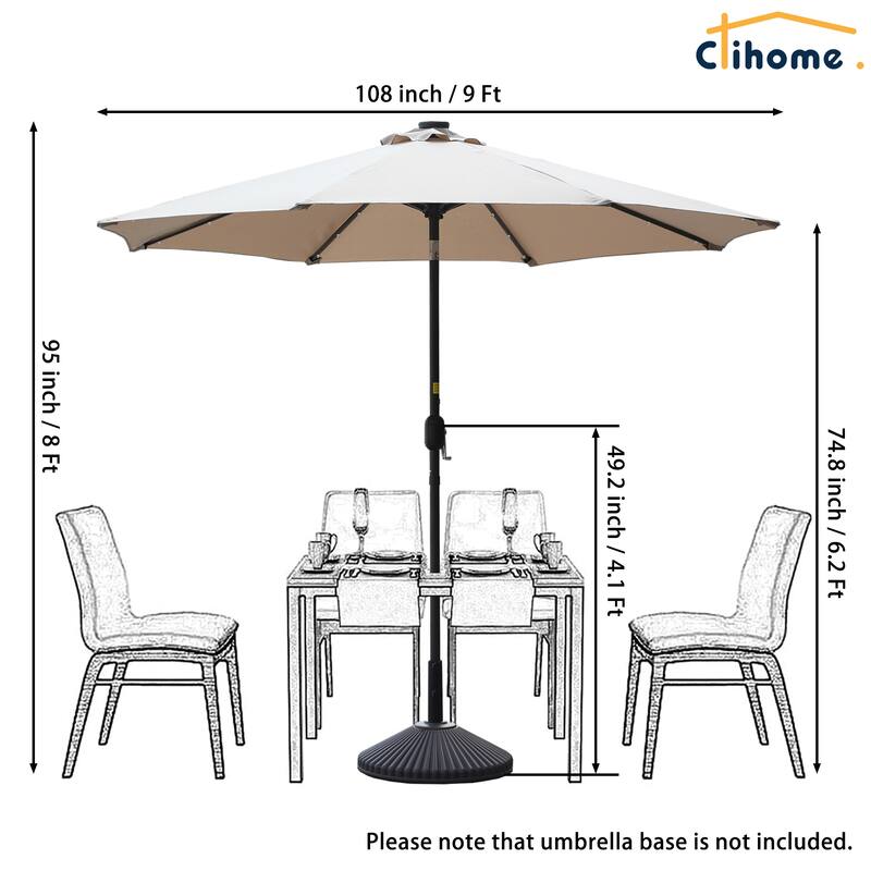 Clihome 9-Ft Outdoor 32 LED Solar Market Umbrella with Tilt & Crank