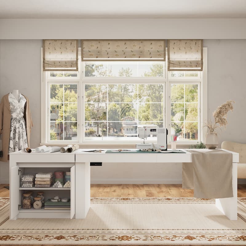 Electric Adjustable Standing Desk Table, 110" Large Height Adjustable Work Table with Storage