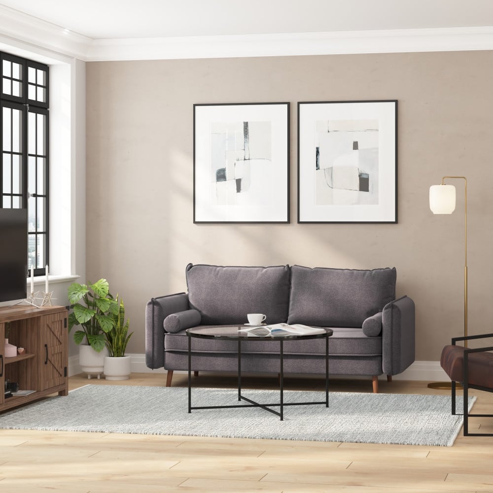 Compact Faux Linen Upholstered Sofa with Wooden Legs