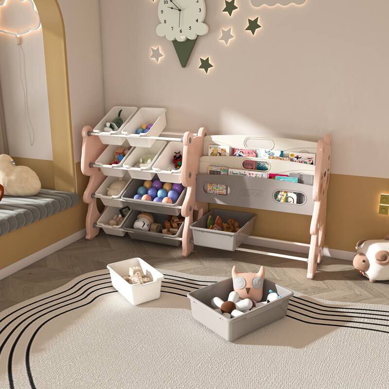 Kids Toy Storage Organizer, Toy Organizer with 2 Tier Bookshelf