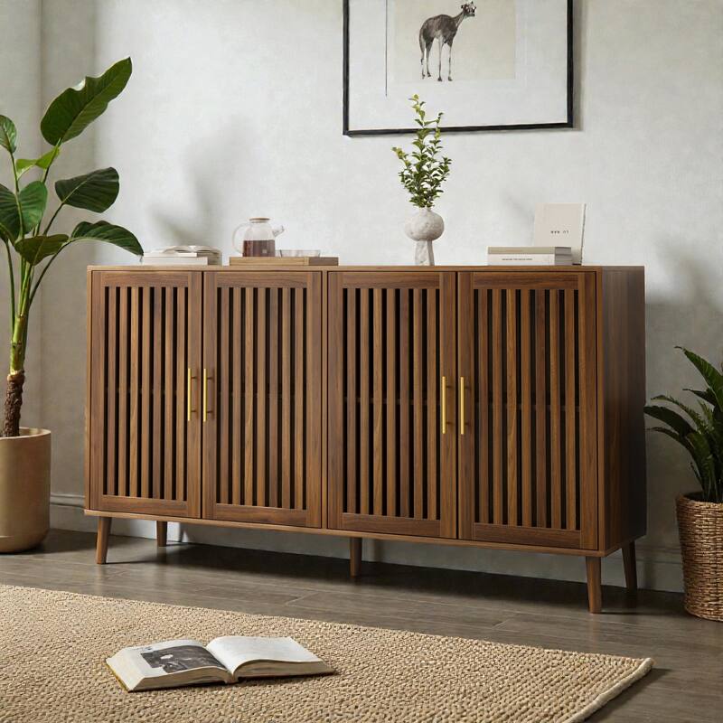63 Inch Walnut Sideboard Buffet Cabinet with Storage, 4 Door Grille Design Accent Cabinet for Dining Room