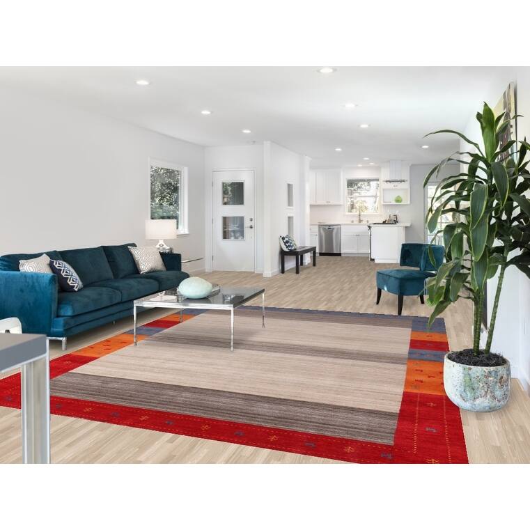 Striped Gabbeh Indian Area Rug Hand-Knotted Wool Carpet - 8'2" x 9'7"