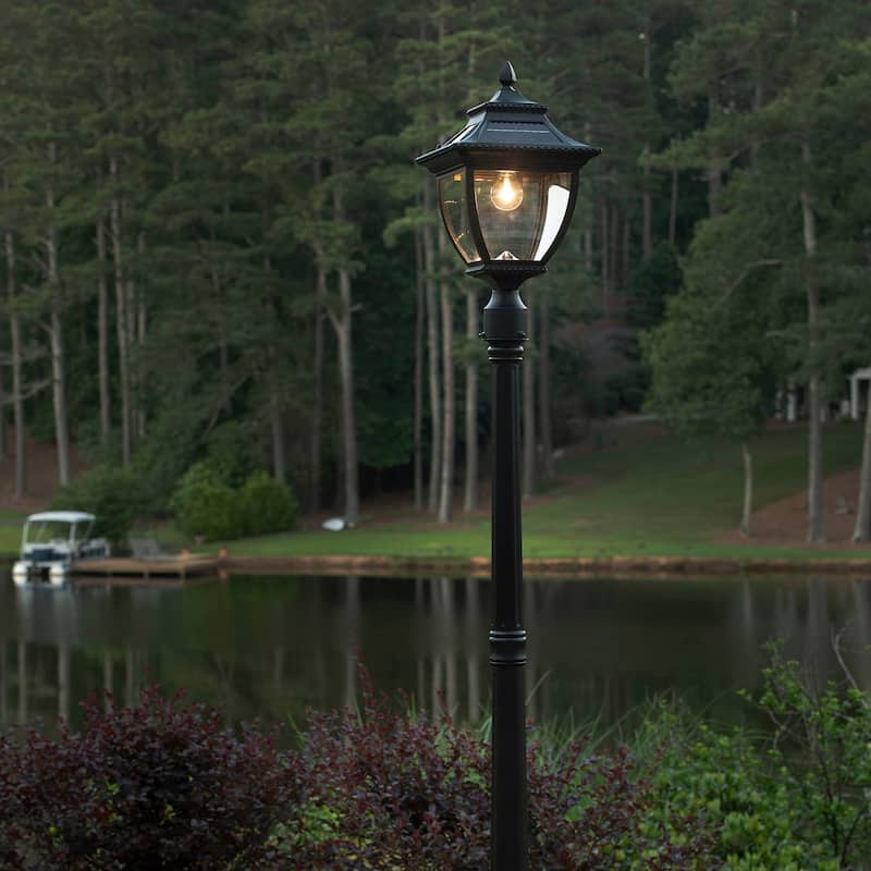 Pagoda Bulb 87 in. Black Solar Warm White LED Post Lantern and Pole