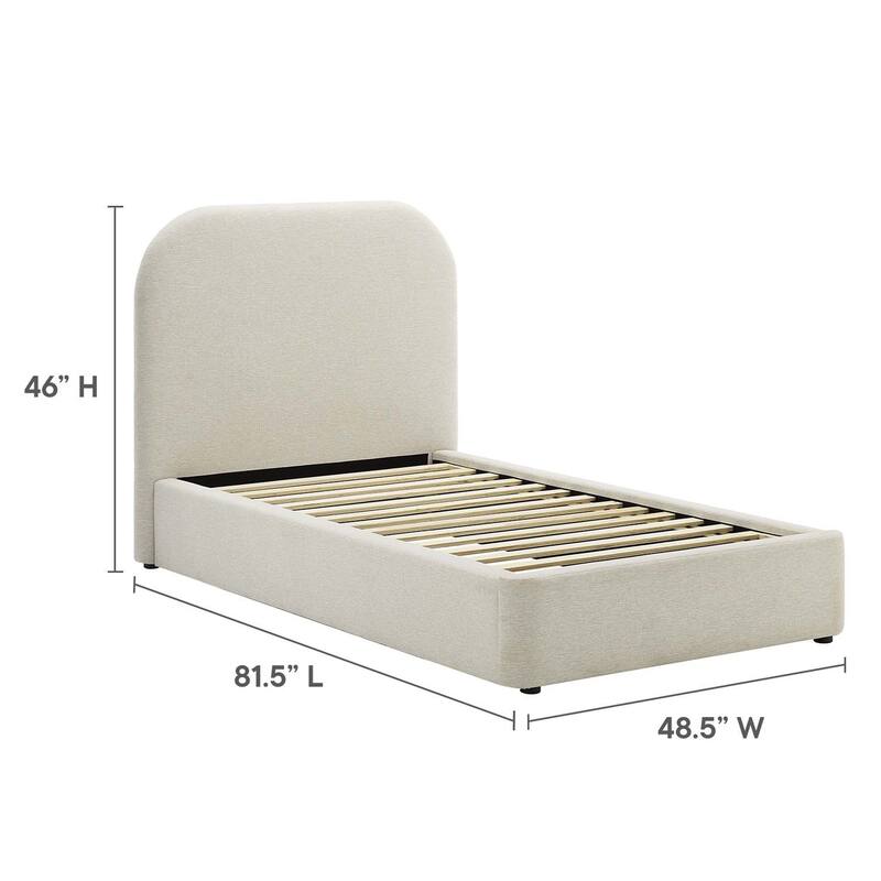 Hillsway Modern Curved Headboard Ivory Fabric Upholstered Twin Size Platform Bed