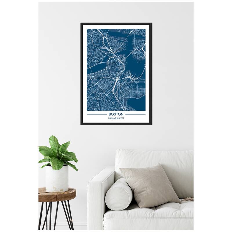 Kate and Laurel Sylvie Boston Map Regal Blue Framed Canvas by Jake Goossen