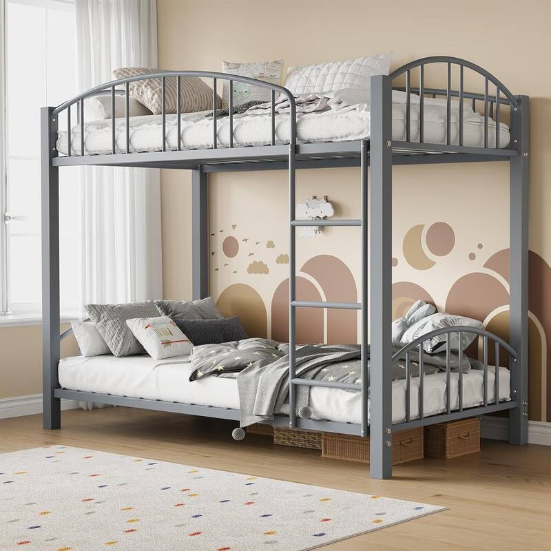 Bunk Bed Twin Over Twin with Stairs and Arched Guardrail for Bedroom and Small Space - Grey