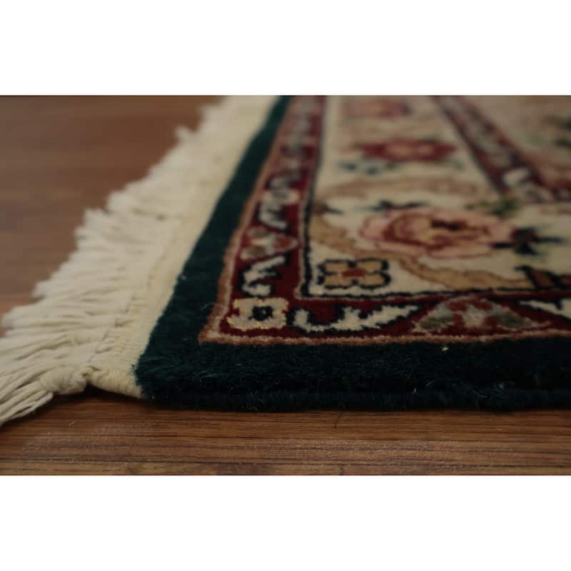 Hand Knotted Oriental Wool & Silk Carpet Traditional Floral Green Kashan Runner Rug - 10' 1'' X 2' 3''