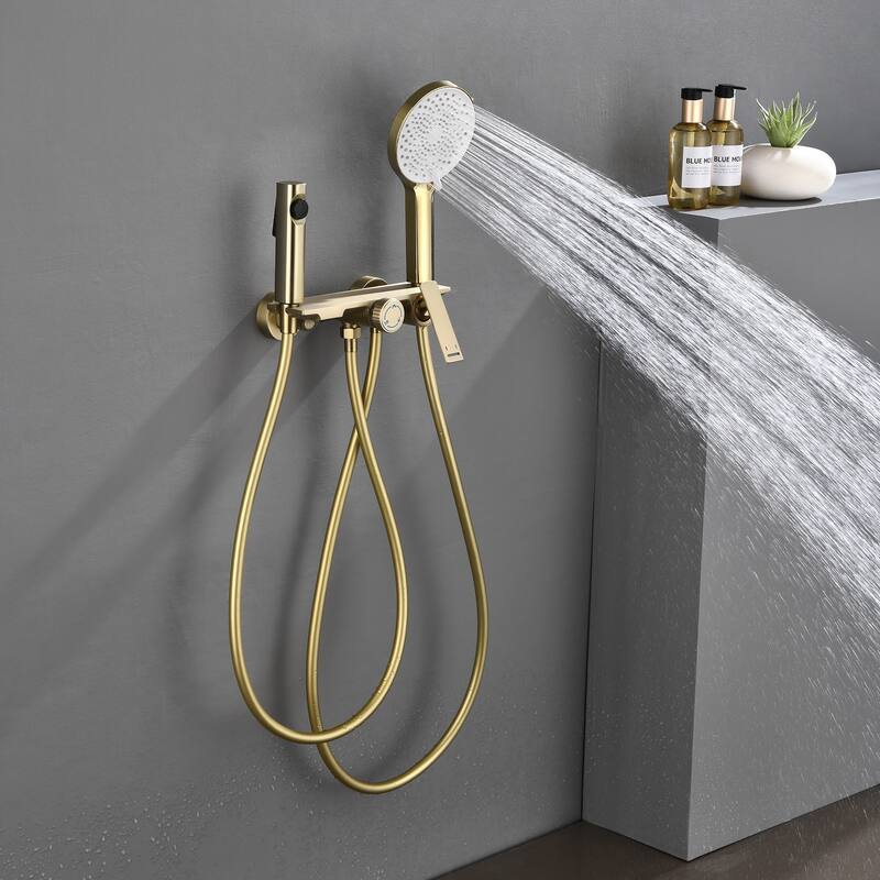 Wall Mount Tub Faucet with Hand Shower Brass Waterfall Tub Filler with Slide Bar Bahttub Faucet with Bidet Sprayer