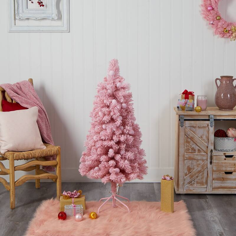 4’ Pre-Lit Pink Flocked Artificial Christmas Tree, Multicolor LED Lights - 4 Foot