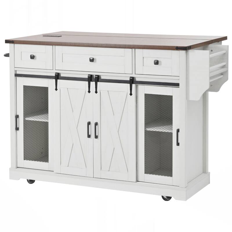 Farmhouse Kitchen Island with Storage, Rolling Kitchen Island on 5 Wheels with Spice Rack